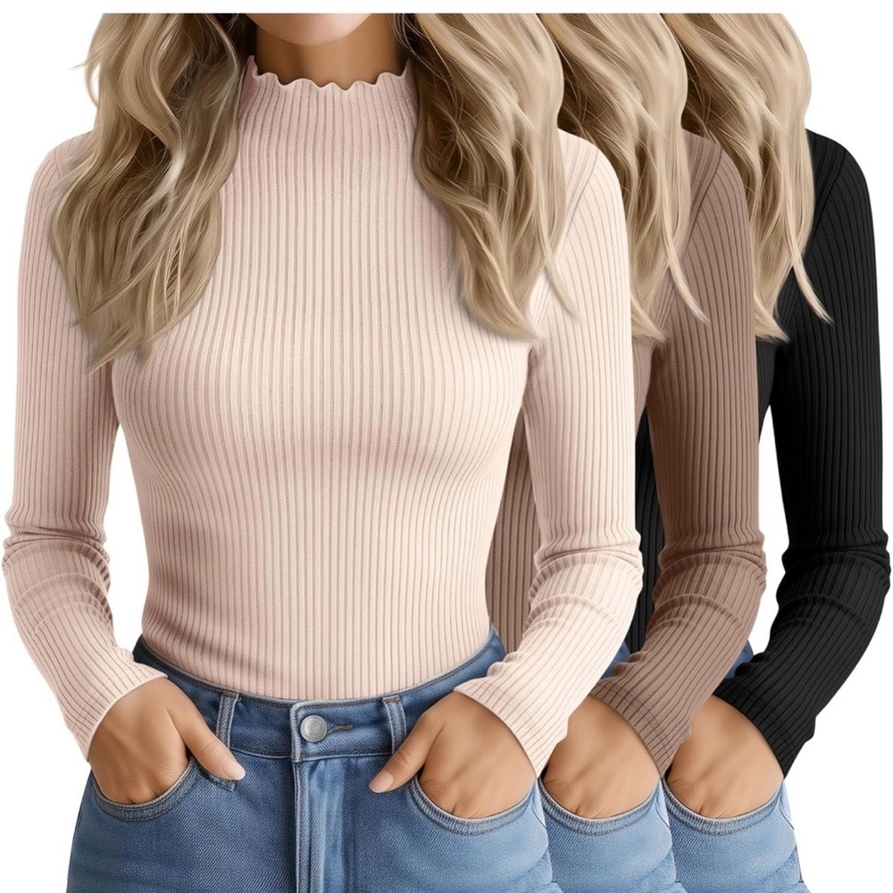 🆕3 Pack Women's Cotton Long Sleeve Mock Turtleneck Tops
